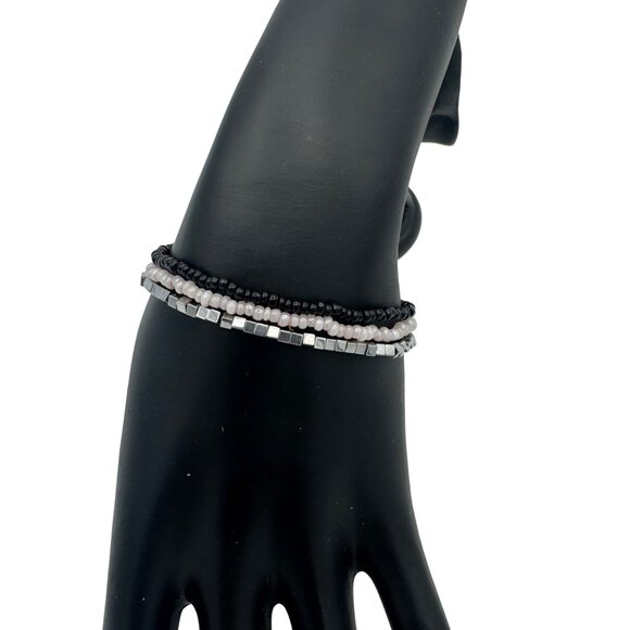Beaded Stretch Bracelet Set In Black & Silver - Picture 2 of 3